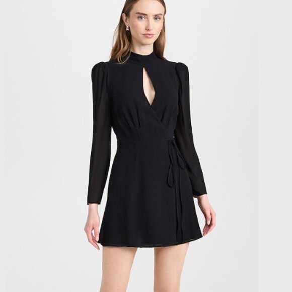 Reformation Ottessa Dress Medium Black Georgette Wrap Mini Keyhole Mock Neck
